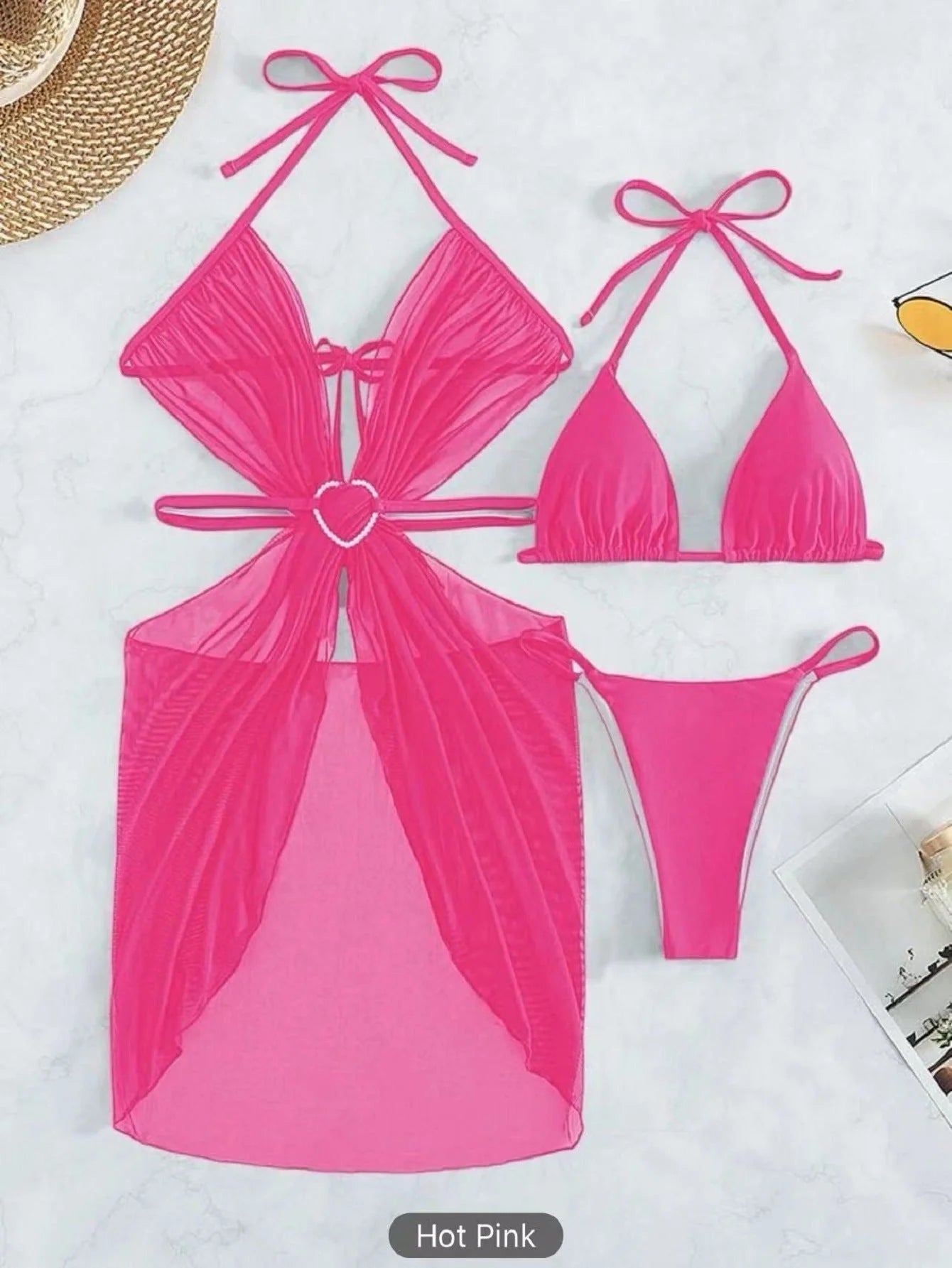 3-piece halter neck bikini set in solid colors for beach and summer wear