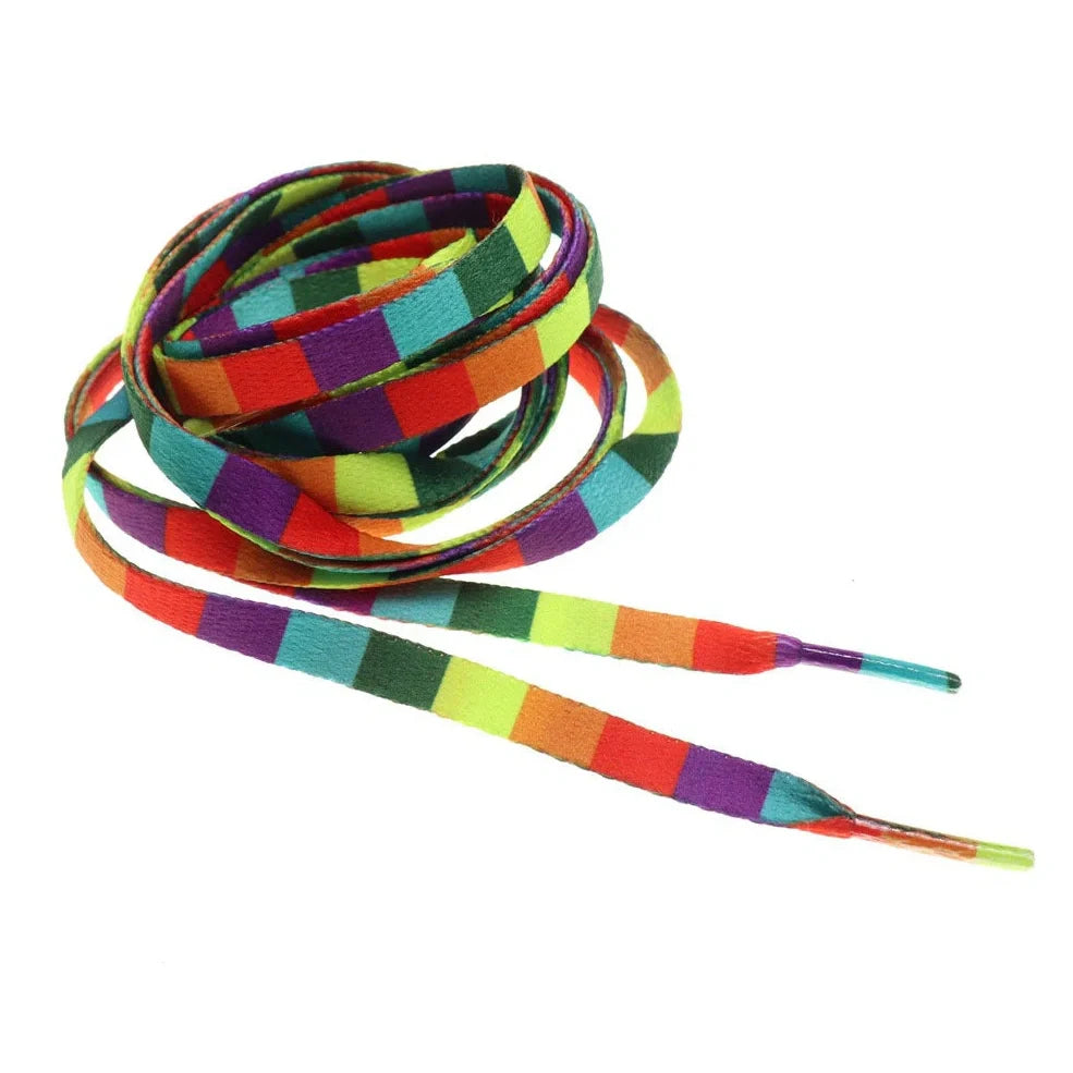 Pair of square rainbow gradient woven shoelaces, 0.8cm wide, lengths 80-200cm, fade-resistant for unisex shoes