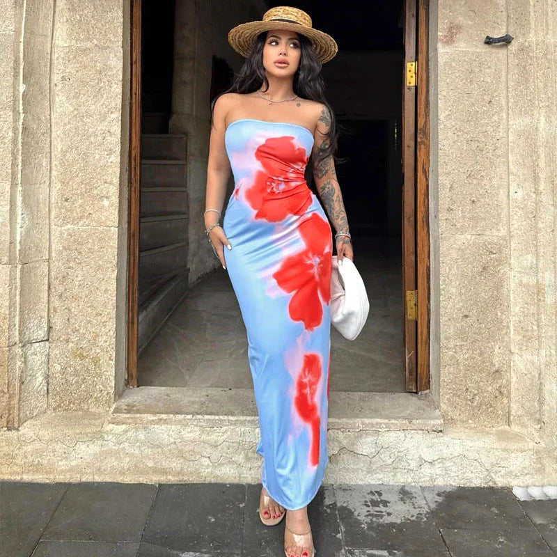 Versatile slit maxi dress in vibrant contrast colors, perfect for summer parties and beach outings