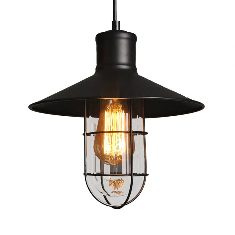 Black iron pendant lamp with cage-style explosion-proof glass shade and adjustable hanging chain