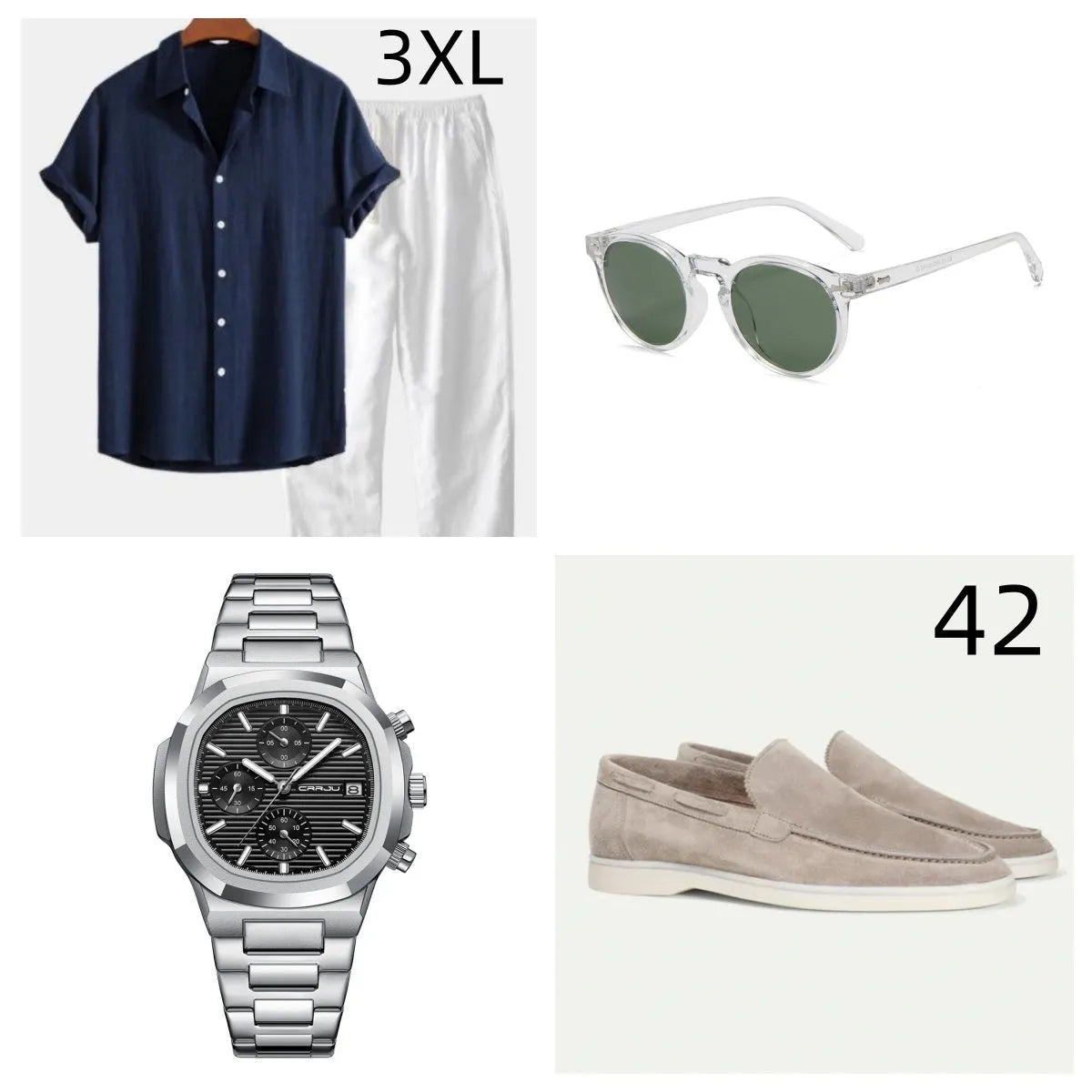 Casual loose beachwear suit in cotton linen blend with half sleeves and trousers, includes glasses shoes watch accessories