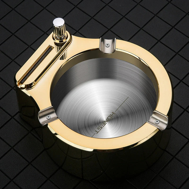 Large metal ashtray with permanent match lighter in blue, black, and gold