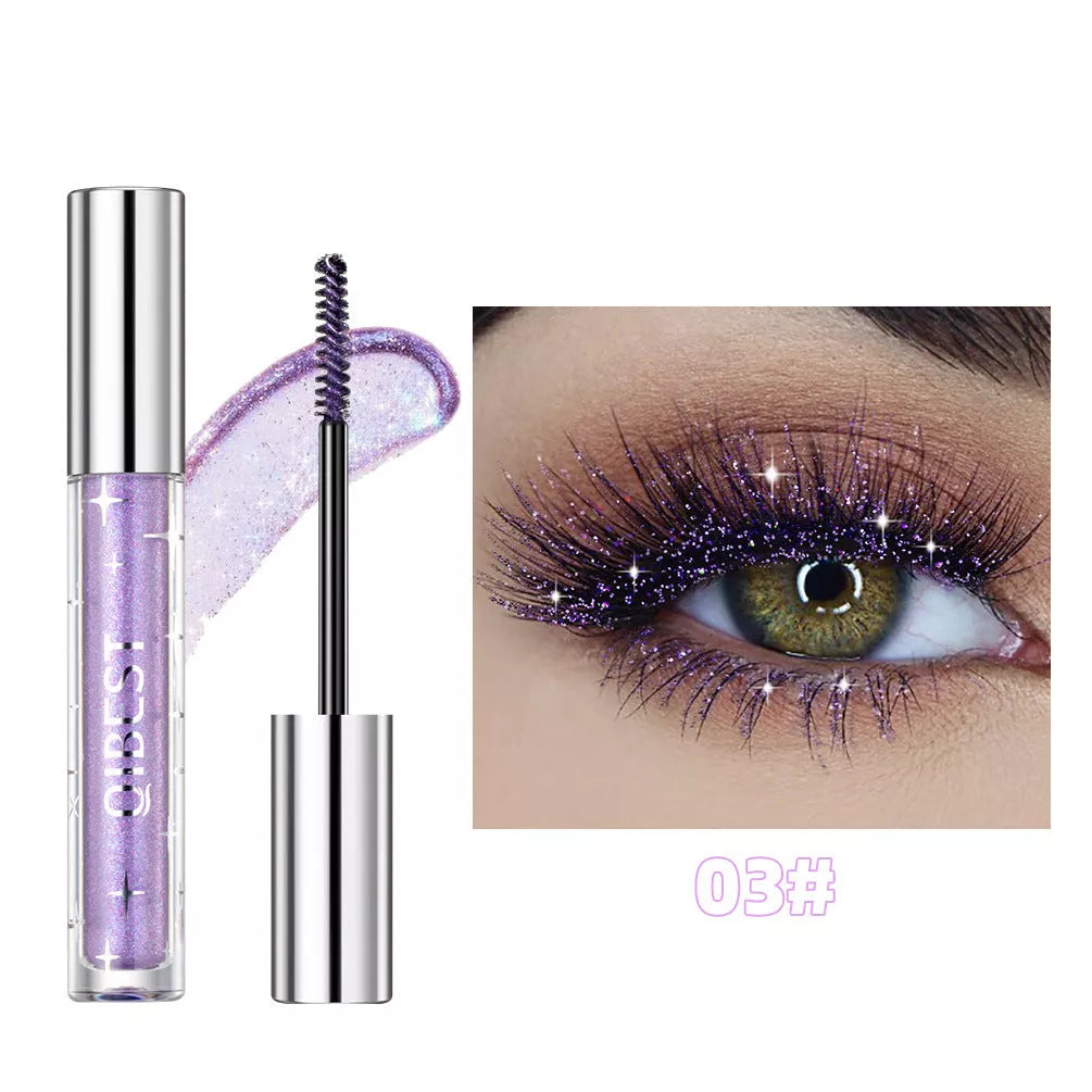 Violet Glitter Lash Mascara in gold, silver, and purple with quick-drying, waterproof formula