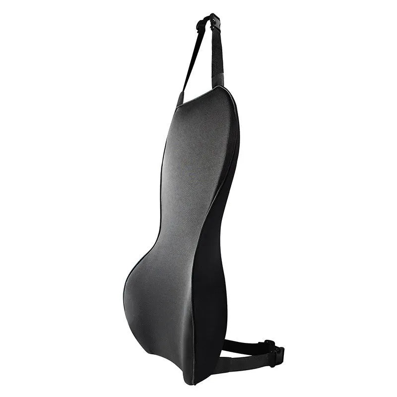 Memory cotton car lumbar support cushion in grey, showing its contoured shape on a car seat.