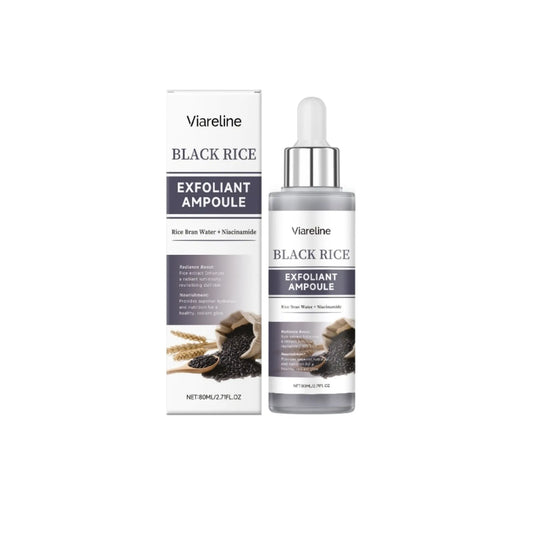 Black Rice Exfoliating Liquid bottle with 80ml capacity, showing salicylic acid and hyaluronic acid formula