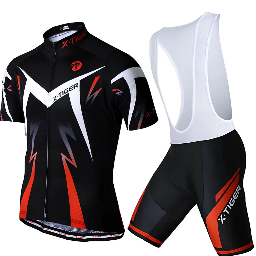 Red cycling jersey with chemical fibre blend fabric for outdoor sports, shown in cycling position
