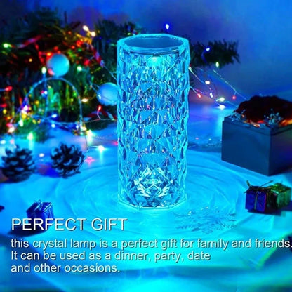 LED crystal table lamp showing 16 colour options with touch controls and remote, measuring 15.8cm high