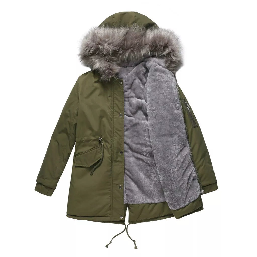 Mid-length hooded parka in various colors, ideal for cold weather protection