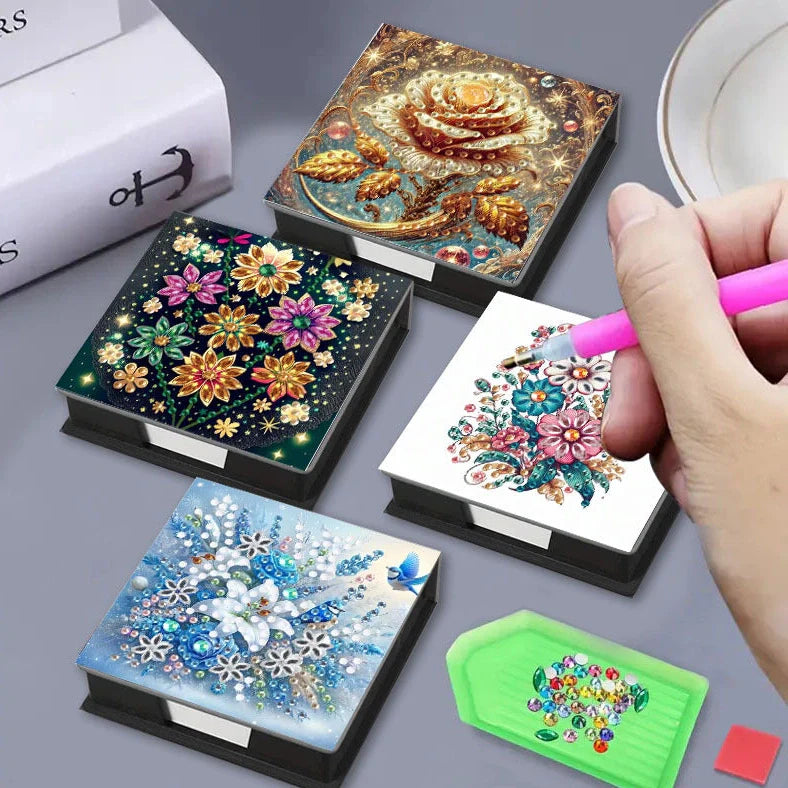 DIY diamond painting label box with cartoon design showing frameless construction and plastic material