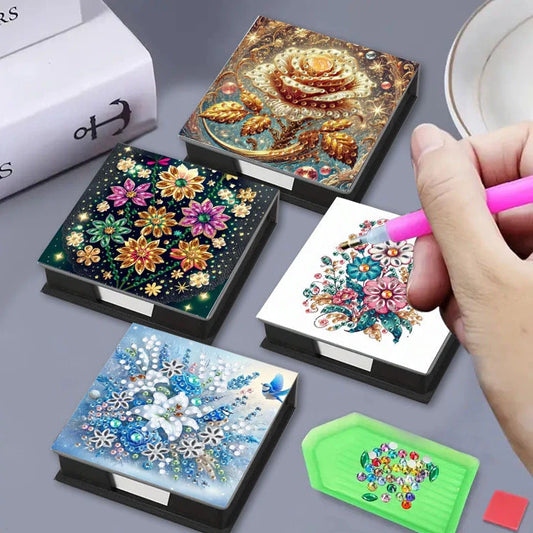 DIY diamond painting label box with cartoon design showing frameless construction and plastic material
