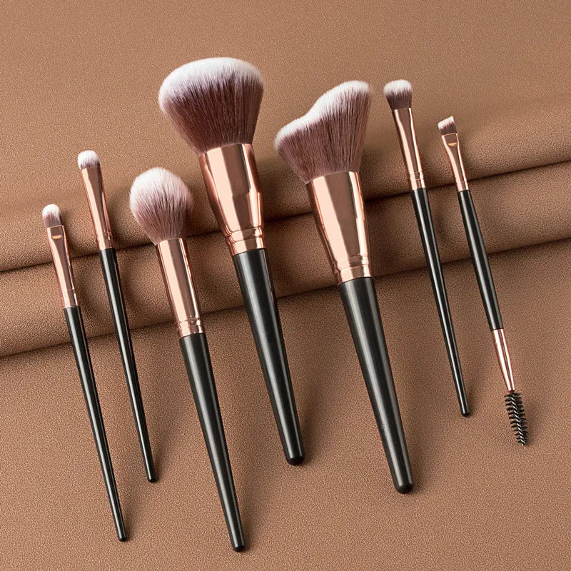 Seven-piece eyeshadow brush set with rayon bristles, PU heads, and 14cm long plastic rod handles in brown or black