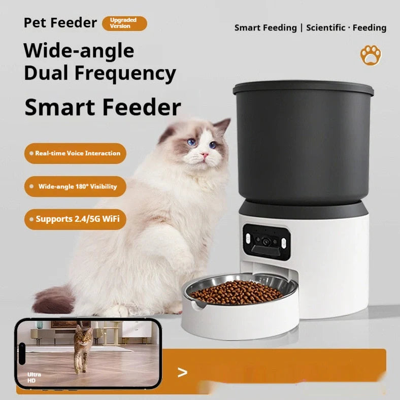 4-litre smart pet feeder with transparent food container and stainless steel bowl on wooden floor