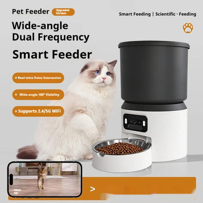 4-litre smart pet feeder with transparent food container and stainless steel bowl on wooden floor