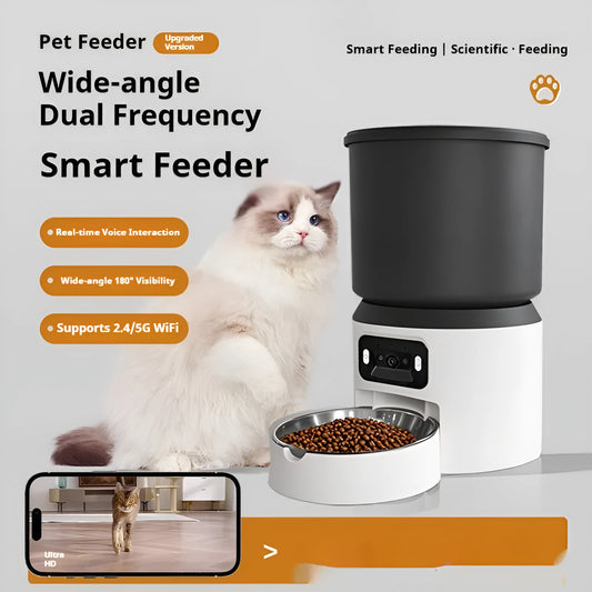 4-litre smart pet feeder with remote control and optional camera on a table
