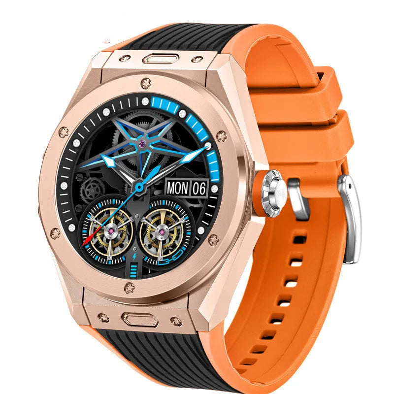 Black Bluetooth smart watch with 1.28-inch screen showing heart rate display on silicone sport strap