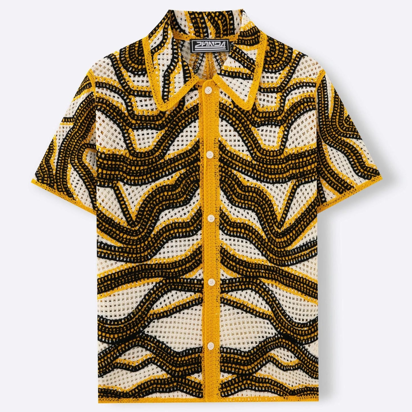 Khaki coloured short sleeve cardigan with retro stripes and textured flocking detail.