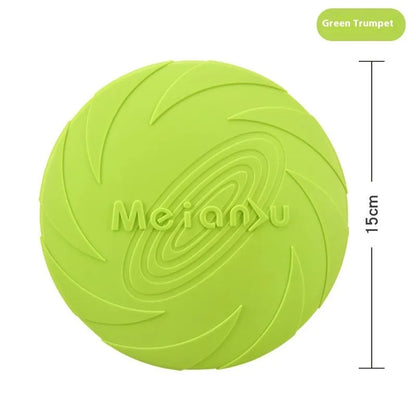 Soft rubber dog frisbee toy in red, blue, and green colours showing small, medium, and large size options