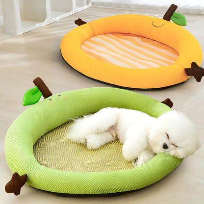 Green fruit-shaped backrest pet cooling mat for a dog, showing nest design and size scale.