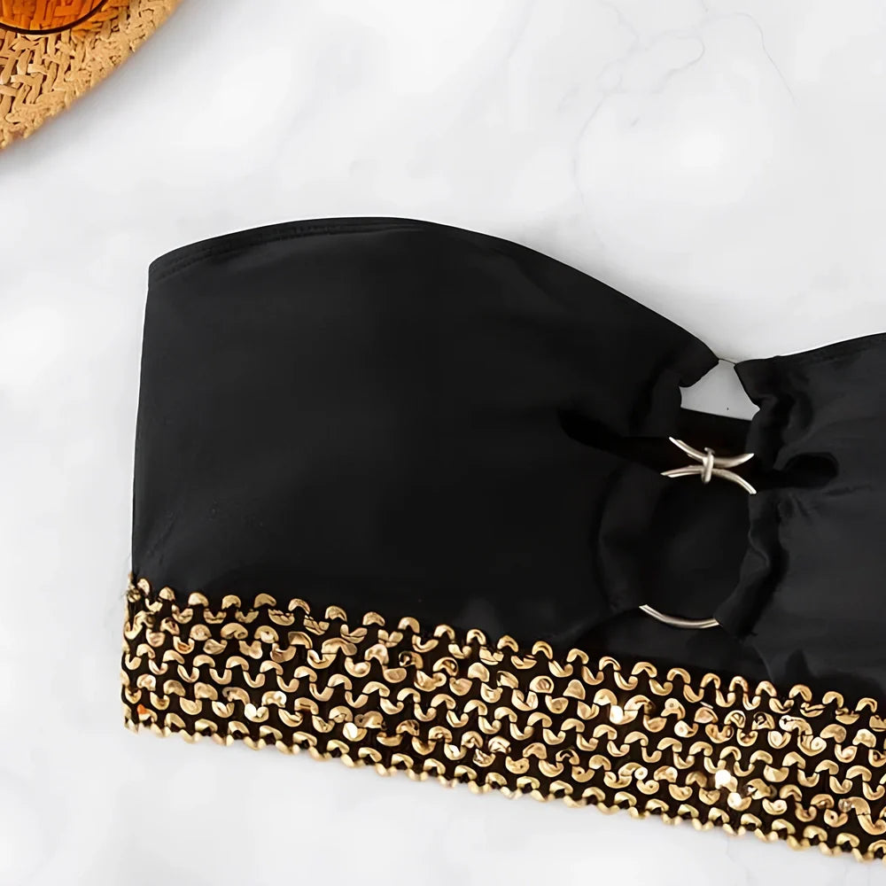 Hollow design beach bikini with chest pads in black, royal blue, or rose red colours