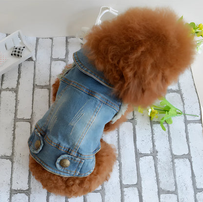 Dark denim dog vest with retro scratch pattern and button front closure on a small white dog.
