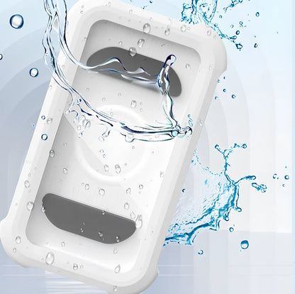 Wall-mounted waterproof black plastic phone rack with adjustable angle for bathroom use, includes 3 adhesives, 15cm height