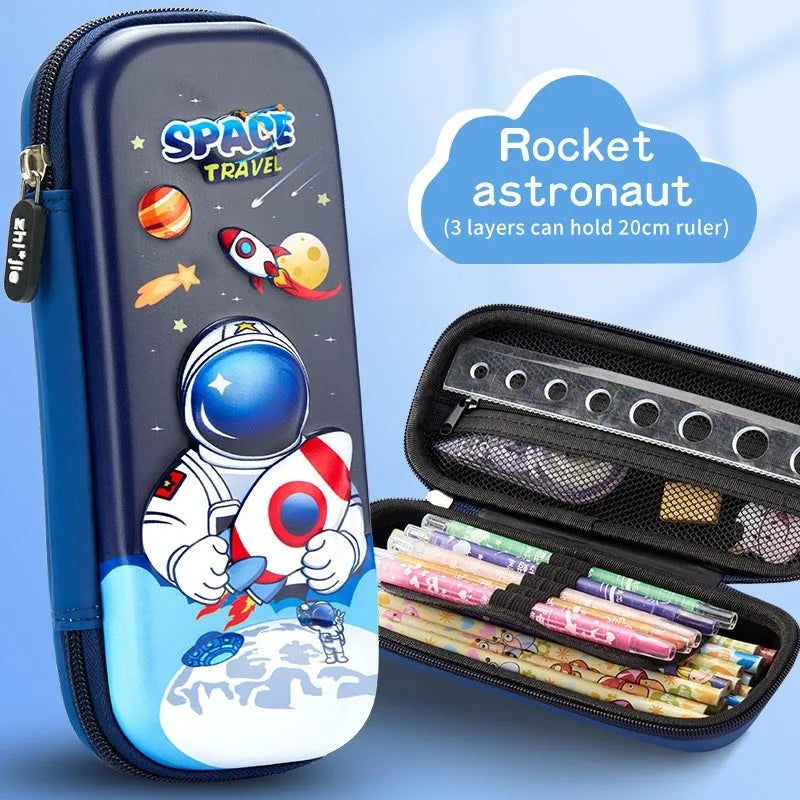 Leather 3D pencil case showing design themes: dinosaur, astronaut, mermaid, unicorn, and spaceship.