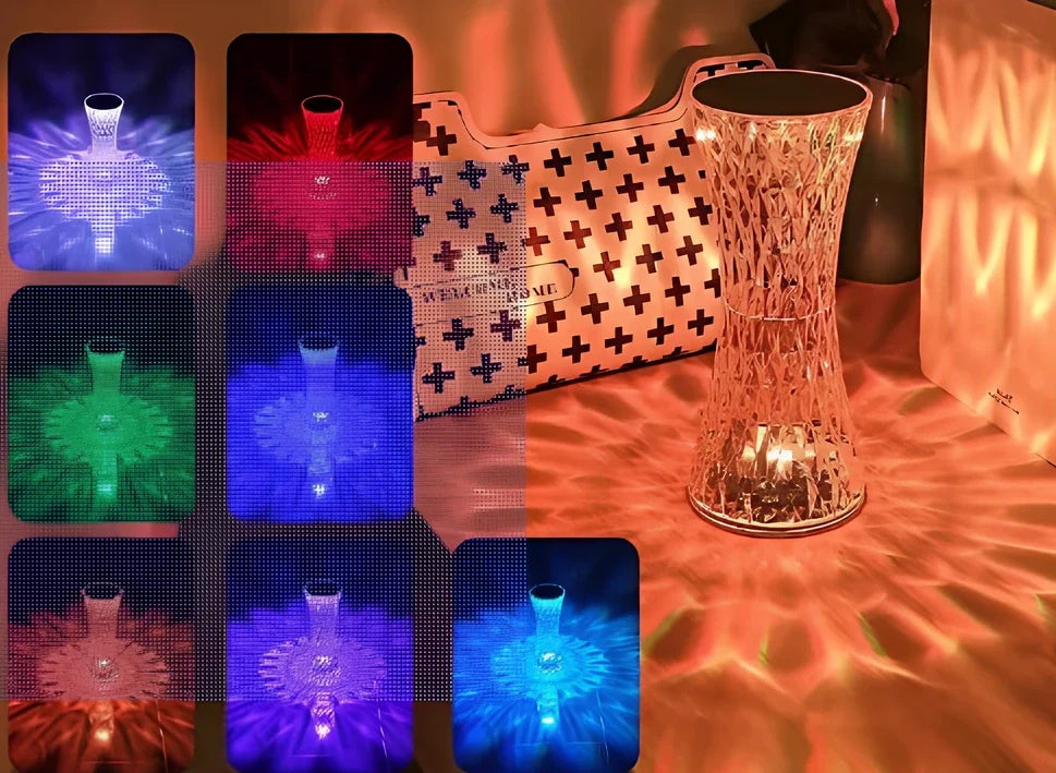 Crystal diamond-style acrylic table lamp with RGB colour touch controls and USB charging cable