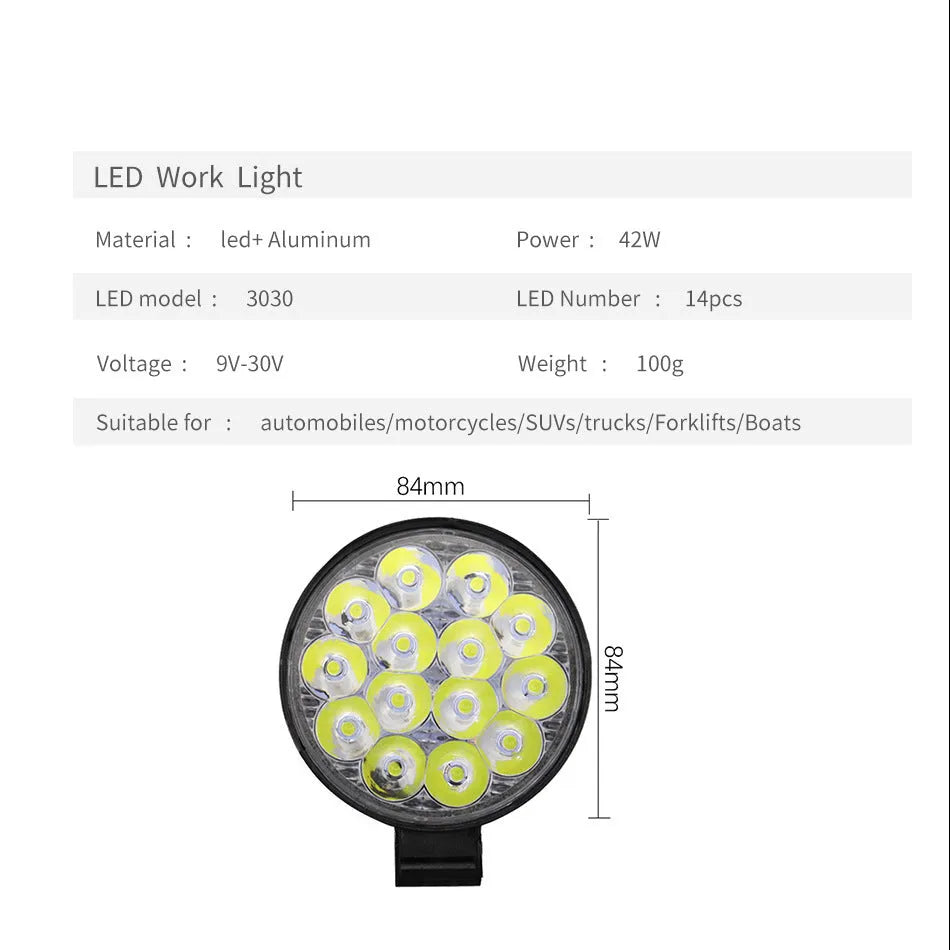 Small round white aluminium LED work light with IP67 rating for automotive use.