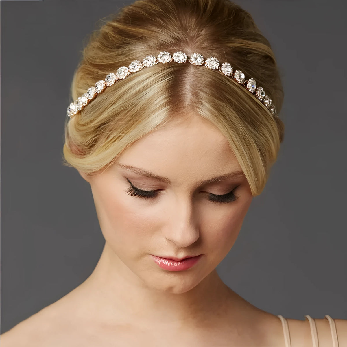Bridal rhinestone sunflower hair band in silver, rose gold, or gold metal for wedding and banquet styling