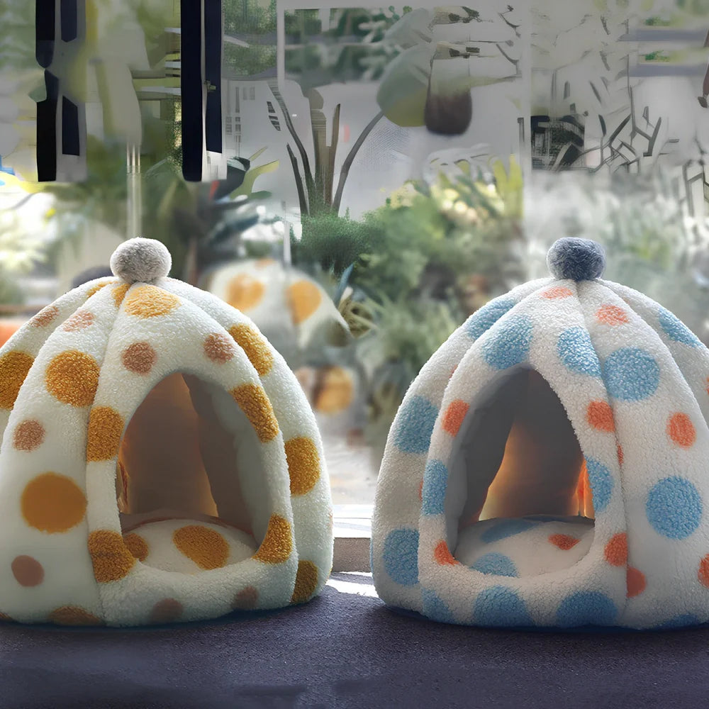 Yellow teddy velvet cat nest with 41cm diameter and raised sides for secure sleeping