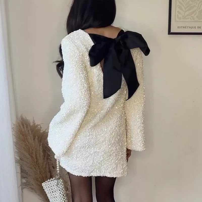 Women's sequined back-bowed dress with round neck and long sleeves in multiple colors