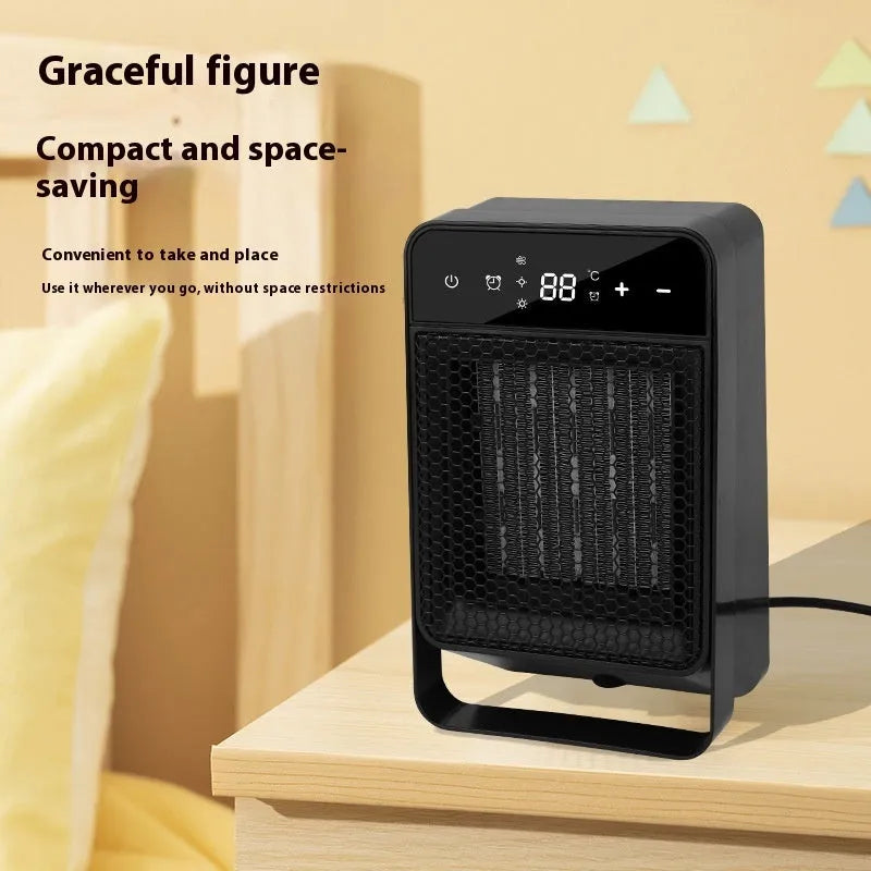 Desktop warm air blower heater with touch screen display measuring 19x10x28cm, includes remote control