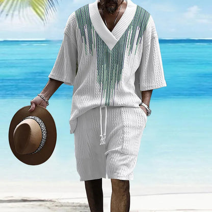 Printed drop-shoulder men's knitted shorts suit in polyester blend, short sleeves and shorts, colour options TH01-362 to TH01-366