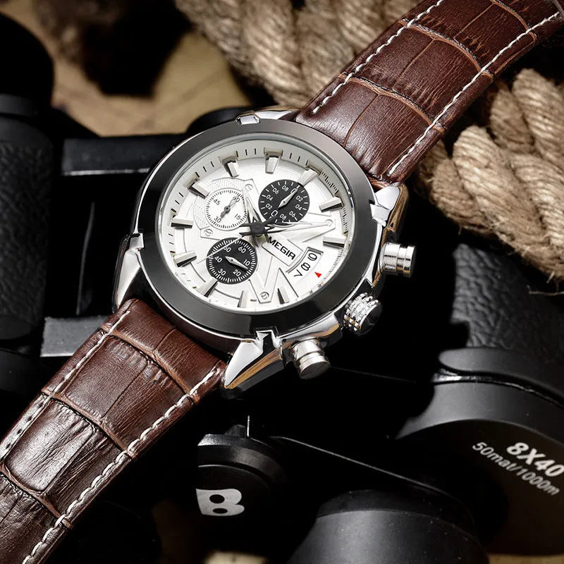 Men's multifunctional quartz watch with three sub-dials and six luminous hands, featuring a 15mm thickness and waterproof construction for precise timekeeping in casual settings