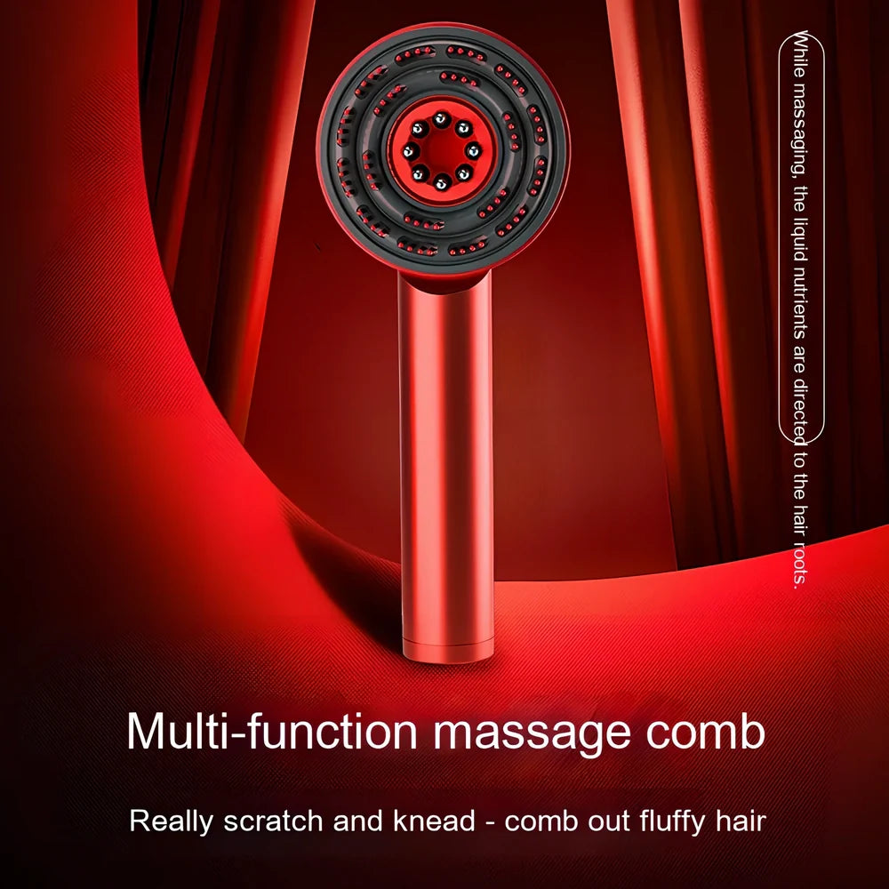 Fluffy comb scalp massager with infrared light therapy functions showing comb attachment and control buttons