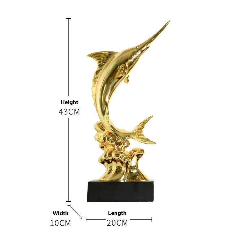 European-style swordfish resin ornament in Brilliant Gold, Coral Red, Lake Blue, or Sea Green colour options