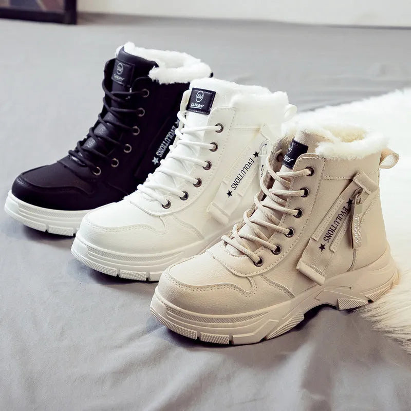 Plus size women's fleece-lined snow boot with tall crown, mid-heel, and front lace-up fastening.