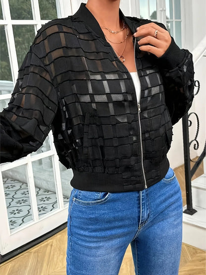 Black women's casual jacket with geometric pattern, long sleeves, and a front zipper.