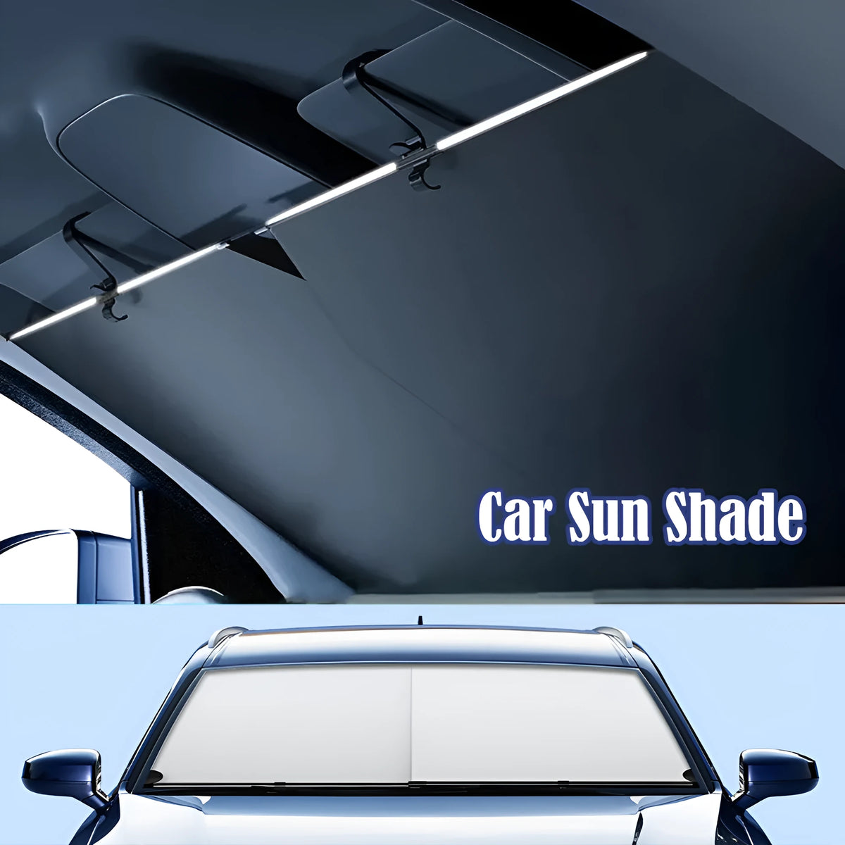 Automatic retractable car sunshade showing Oxford cloth material and retraction mechanism