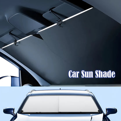 Automatic retractable car sunshade showing Oxford cloth material and retraction mechanism