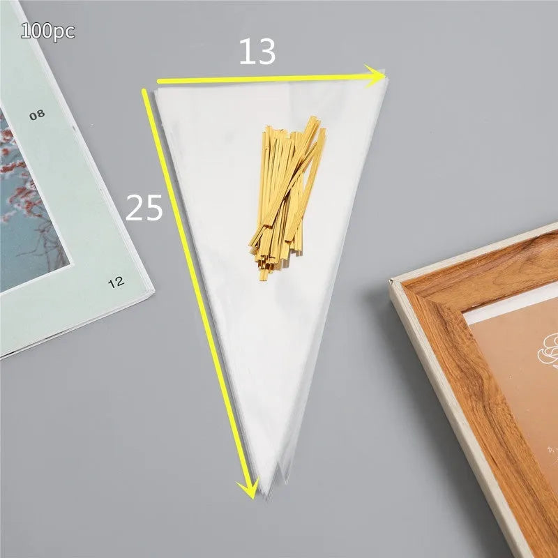 Transparent triangle plastic packaging bag with a twisted wire tie closure.