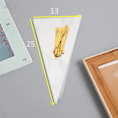 Transparent triangle plastic packaging bag with a twisted wire tie closure.