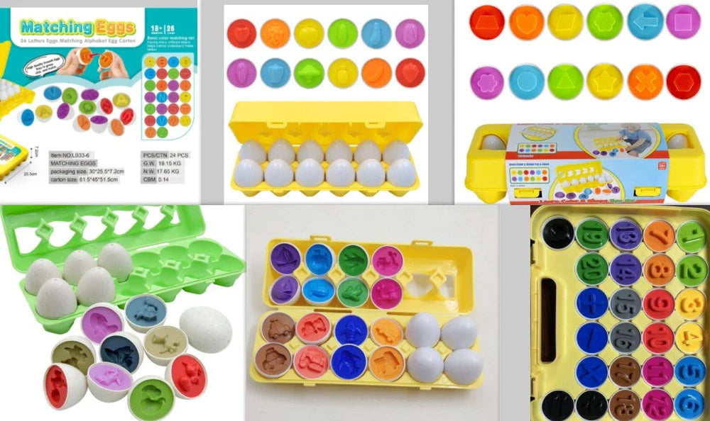 Educational shape matching egg toy with 12 colourful plastic eggs in storage case