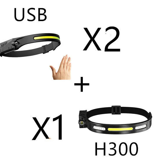 Black silicone USB rechargeable headlamp with a wide COB LED lens and a side wave sensor.