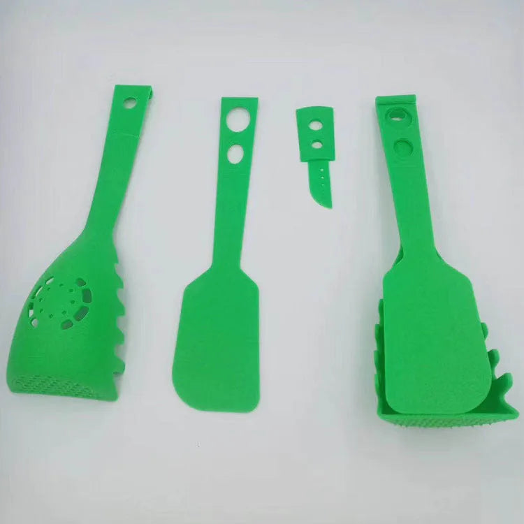 Plastic kitchen shovel and spaghetti spoon set with measurements shown