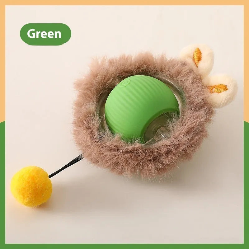 Plush silicone rolling ball cat toy in red, green, and grey colour options for feline self-play entertainment