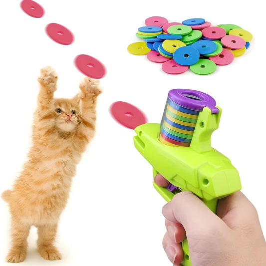 Green battery-free cat toy launcher with foam disc for interactive pet play