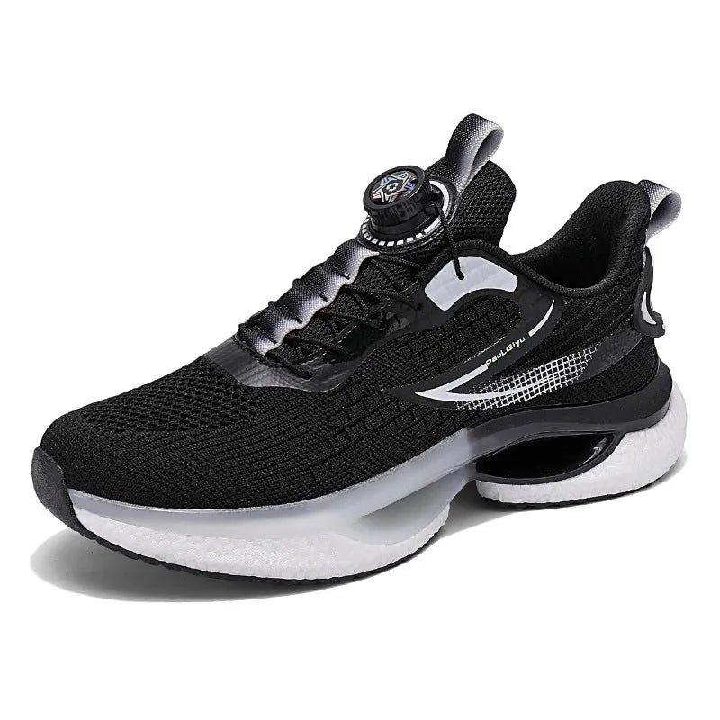 Men's low-top white running shoe with a rotating buckle closure and mesh upper.