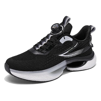 Men's low-top white running shoe with a rotating buckle closure and mesh upper.