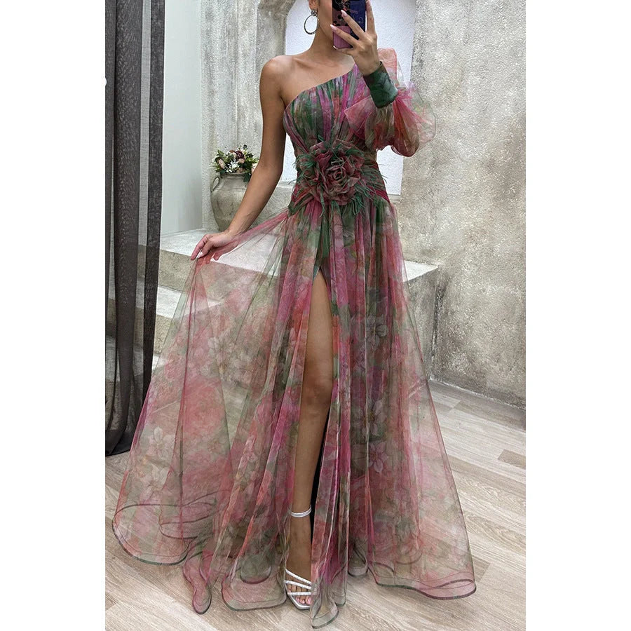 Mesh Tie-dye Printed Off-shoulder Slit Dress in vibrant colors for summer fashion